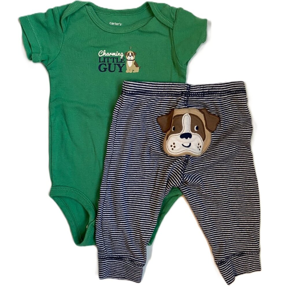 🐶 Puppy Outfit Set 6M Carter's Green Navy Baby Boy - Picture 3 of 11